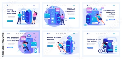 Collection of landing pages in smart technologies. Girl and the mans training, running, measure the pressure, speed, second, distance