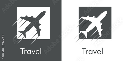 Logotipo con texto Travel y silueta de avión con trayectoria en cuadrado con lineas en fondo gris y fondo blanco