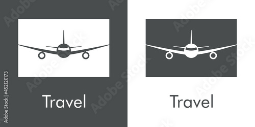 Logotipo con texto Travel y silueta de avión en cuadrado en fondo gris y fondo blanco
