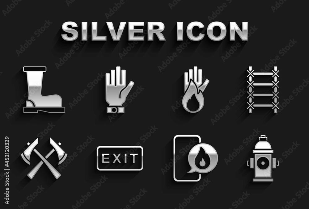 Set Fire exit, escape, hydrant, Phone with emergency call 911, Firefighter axe, No fire, boots and gloves icon. Vector Set Fire exit, escape, hydrant, Phone with emergency call 911, Firefighter axe, No fire, boots and gloves icon. Vector