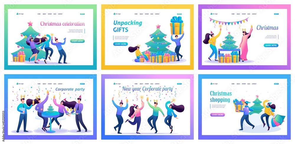 Collection of illustrations of the celebration of Christmas . Dancing people, celebrating Christmas, men and women at parties, having fun. Christmas trees