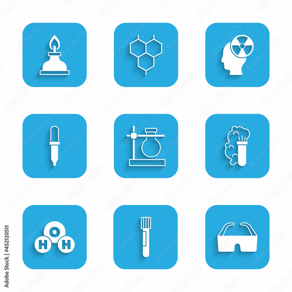 Set Test tube flask on stand, Safety goggle glasses, Chemical explosion, formula for H2O, Pipette, Head radiation symbol and Alcohol spirit burner icon. Vector Set Test tube flask on stand, Safety goggle glasses, Chemical explosion, formula for H2O, Pipette, Head radiation symbol and Alcohol spirit burner icon. Vector