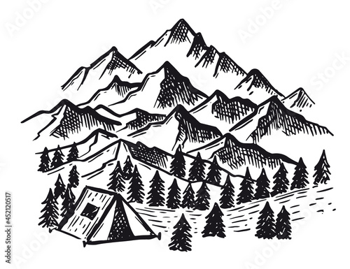 Mountain landscape, vector illustration, sketch style.