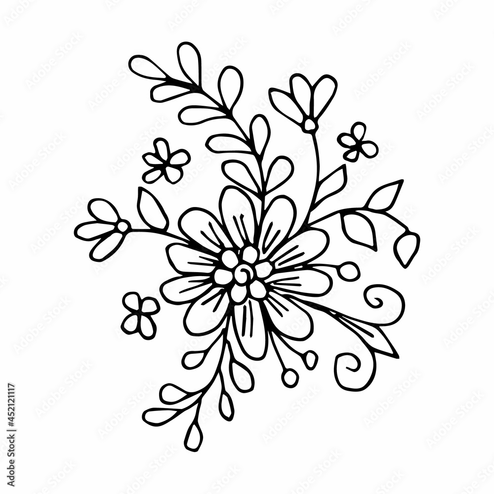 Hand drawing flower arrangement doodle or sketch style, postcard, poster, coloring book page, black and white vector
