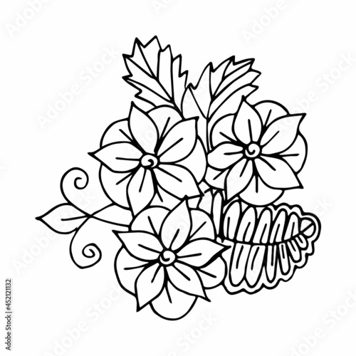 Hand drawing flower arrangement doodle or sketch style, postcard, poster, coloring book page, black and white vector