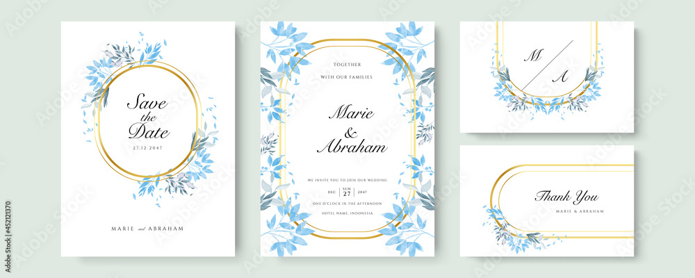 Wedding invitation card template set with white rose bouquet wreath leave watercolor painting