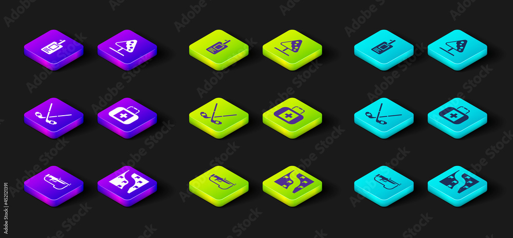 Set Biathlon rifle, Route location, Ice hockey sticks, First aid kit, Road sign avalanches and Identification badge icon. Vector Set Biathlon rifle, Route location, Ice hockey sticks, First aid kit, Road sign avalanches and Identification badge icon. Vector