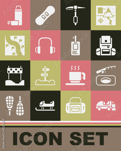 Set Ice resurfacer, Winter fishing, Hiking backpack, axe, headphones, Route location, Thermos container and Identification badge icon. Vector