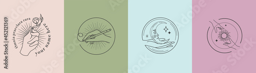 A set of female hand templates, emblems. Beauty, beauty, accultism, writing. Logo design with various hand gestures. Linear compositions. Vector flat illustration