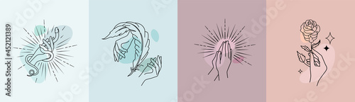 A set of female hand templates, emblems. Beauty, beauty, accultism, writing. Logo design with various hand gestures. Linear compositions. Vector flat illustration