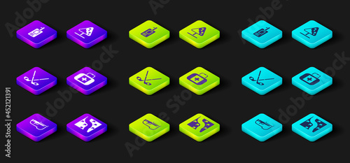 Set Biathlon rifle, Route location, Ice hockey sticks, First aid kit, Road sign avalanches and Identification badge icon. Vector