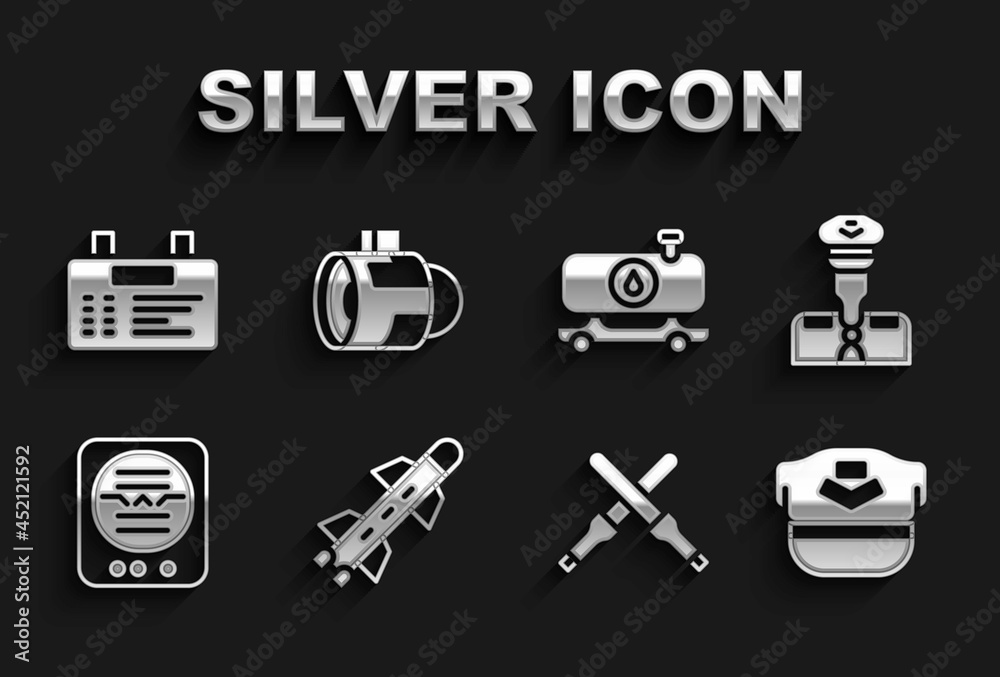 Set Rocket, Pilot, hat, Marshalling wands, Attitude indicator, Fuel tanker truck, Airport board and Jet engine turbine icon. Vector Set Rocket, Pilot, hat, Marshalling wands, Attitude indicator, Fuel tanker truck, Airport board and Jet engine turbine icon. Vector