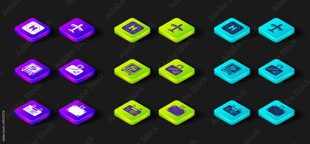 Set Airport board, Suitcase, Radar with targets on monitor, Plane and Helicopter landing pad icon. Vector Set Airport board, Suitcase, Radar with targets on monitor, Plane and Helicopter landing pad icon. Vector