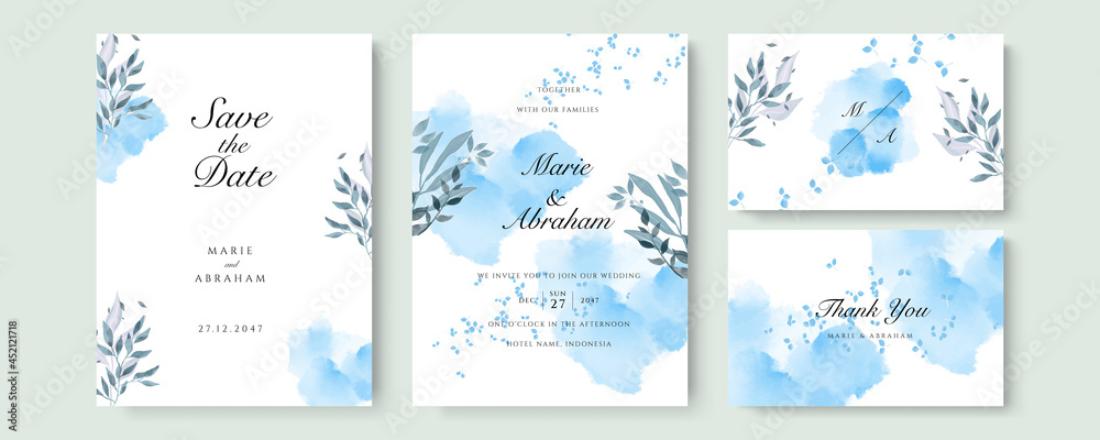Blue gold watercolor floral wedding invitation template card design. Wedding invitation card template set with white blue gold bouquet wreath leave watercolor painting