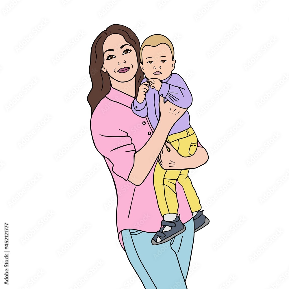 Woman with baby, young mother and child vector. Mother's day. Woman with baby, young mother and child vector. Mother's day.