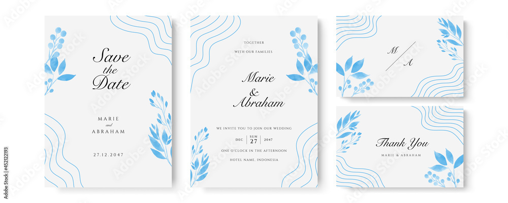 Set of wedding invitation card with blue watercolor flower and leaves
