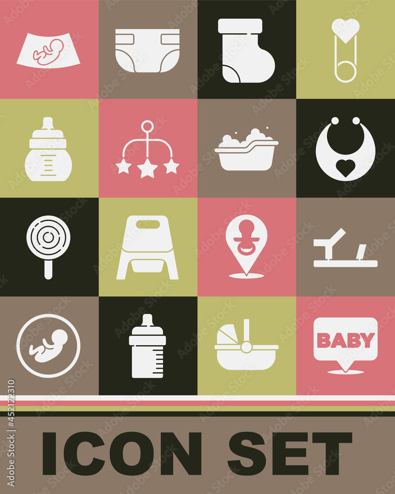 Set Baby, shoes, bib, socks clothes, crib hanging toys, bottle, Ultrasound of baby and bathtub icon. Vector Set Baby, shoes, bib, socks clothes, crib hanging toys, bottle, Ultrasound of baby and bathtub icon. Vector