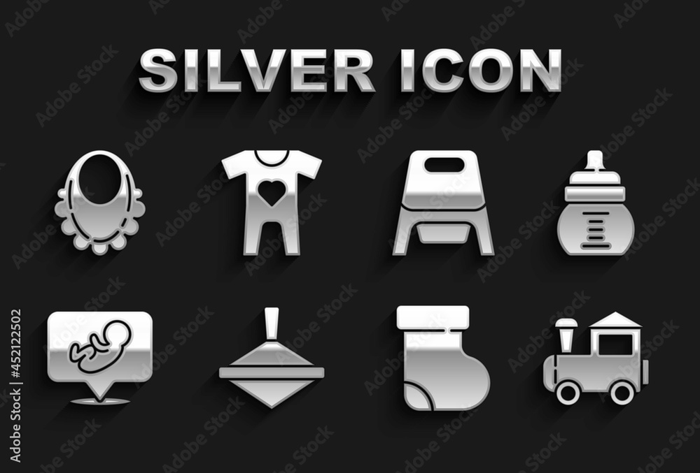 Set Whirligig toy, Baby bottle, Toy train, socks clothes, potty, bib and icon. Vector Set Whirligig toy, Baby bottle, Toy train, socks clothes, potty, bib and icon. Vector