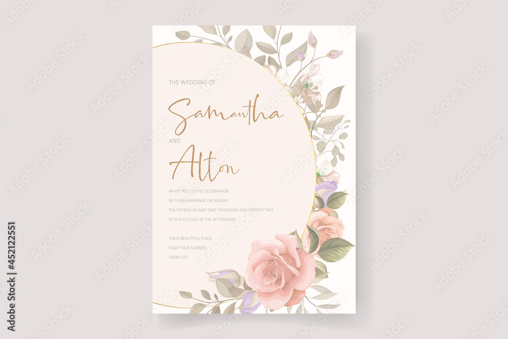 Wedding invitation template with beautiful flowers and leaves