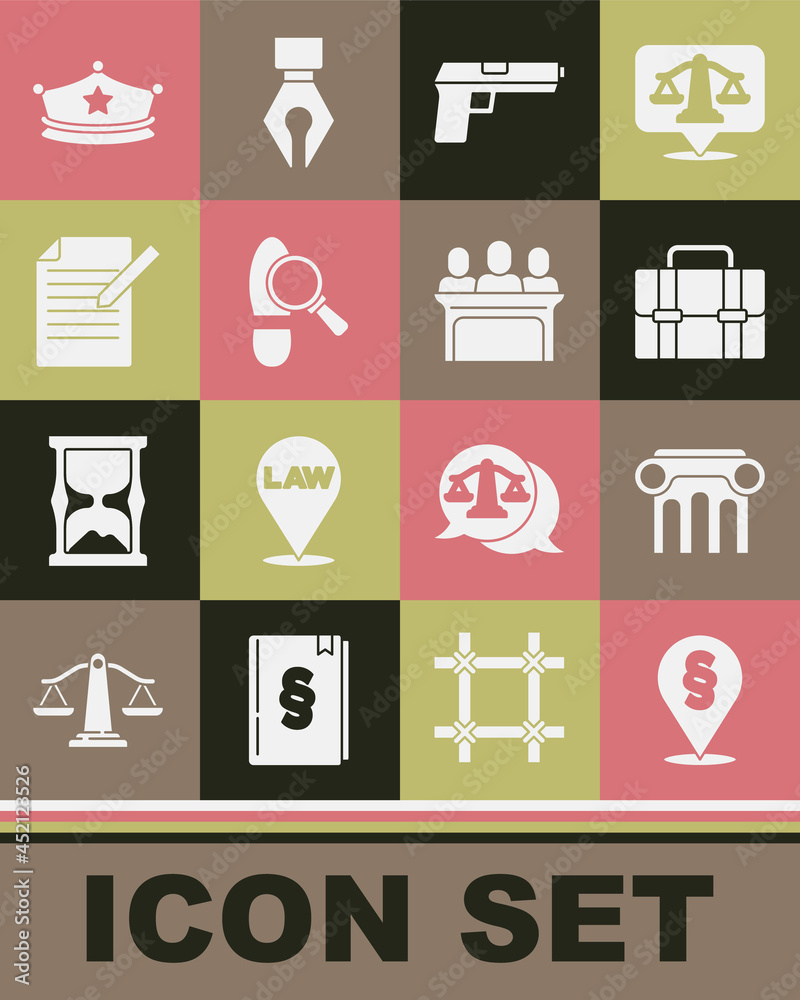 Set Location law, Law pillar, Briefcase, Pistol or gun, Footsteps, Document and pen, Police cap with cockade and Jurors icon. Vector Set Location law, Law pillar, Briefcase, Pistol or gun, Footsteps, Document and pen, Police cap with cockade and Jurors icon. Vector
