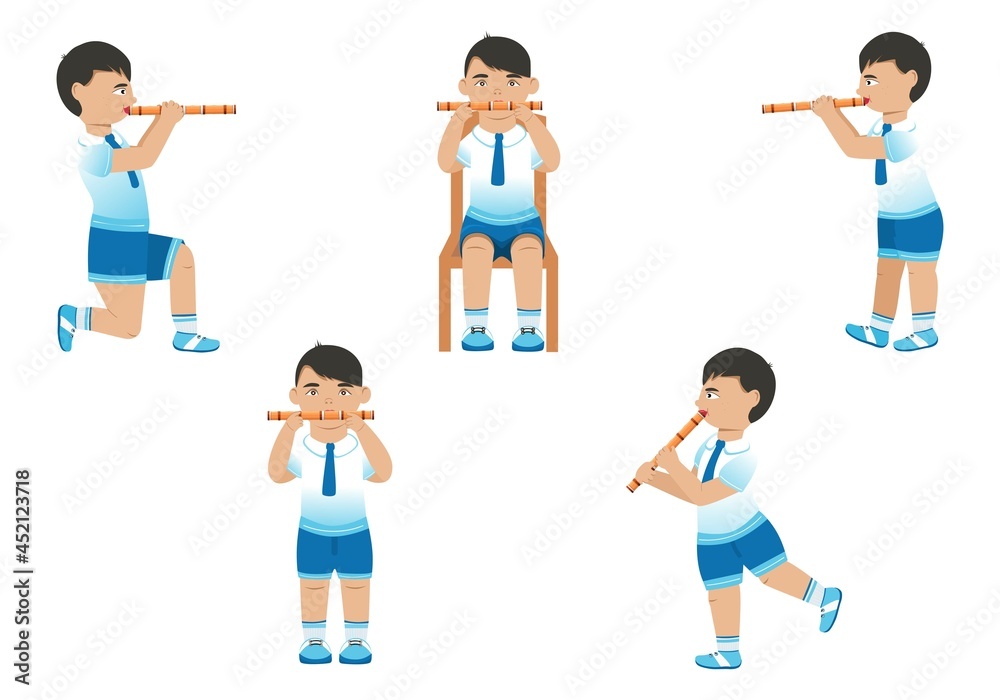 Set of images of a boy playing the flute. Cartoon style. Vector.