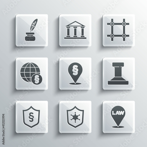Set Police badge, Location law, Stamp, Justice in shield, International, Feather and inkwell and Prison window icon. Vector