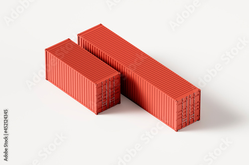 two red shipping containers of different sizes, isolated on a white background, 20 feet and 40 feet, banner or source, poster, 3d rendering