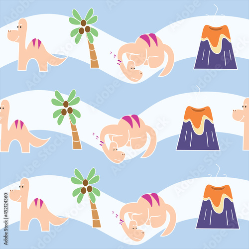 Pink dinosaur,Palm,Volcano with yellow and blue background,Brachiosaurus cute background,Sauropoda cartoon,Long neck dinosaur cartoon