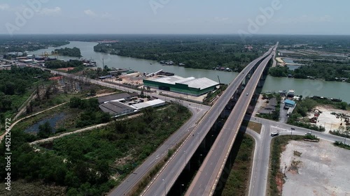 Drone view Top down of Tapi River and Bridge in Surat Thani thailand Original File from Drone Phantom 4 pro v2.0 photo