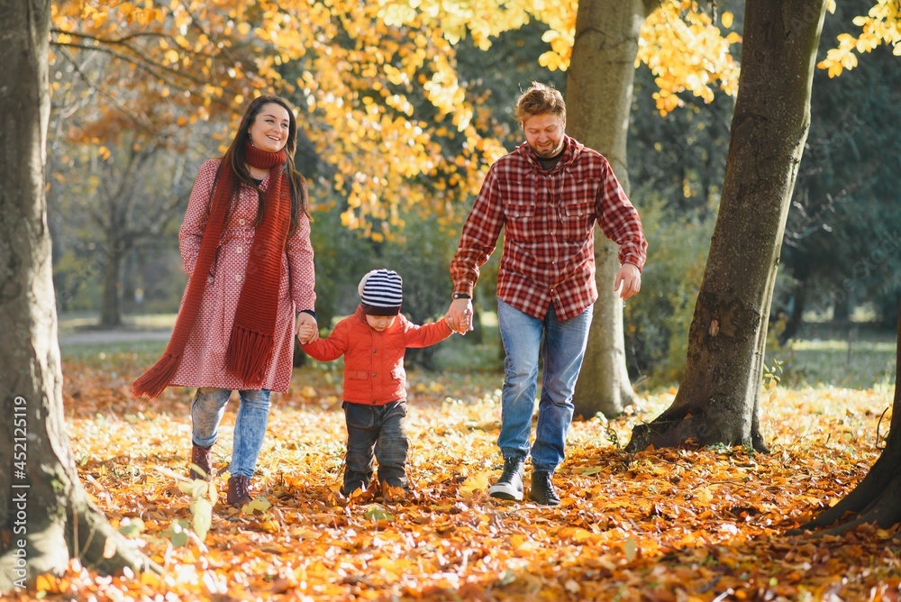 Young family walking in the park. Autumn. Young family walking in the park. Autumn.