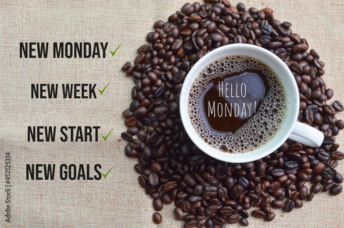 Coffee bean brown roasted and a cup of coffee with text NEW MONDAY, NEW WEEK, NEW START and NEW GOALS photo