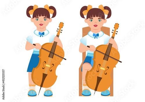 A little girl plays the cello. Installed. Cartoon style. Vector.