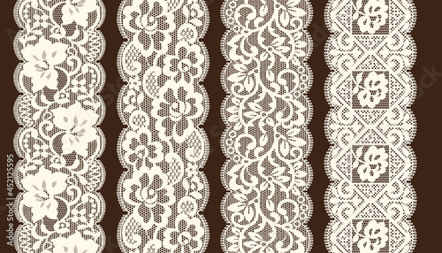 Set Of Lace Trim Vectors. Jacquard Mesh Lace Fabric.