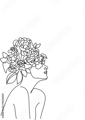 Love yourself. Love your body concept. Girl Healthcare Skincare. Take time for your self. Vector illustration. Woman hugging herself with flowers on white background. Line art drawing