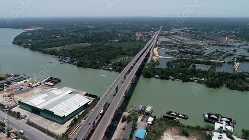 Drone view Top down of Tapi River and Bridge in Surat Thani thailand Original File from Drone Phantom 4 pro v2.0 photo