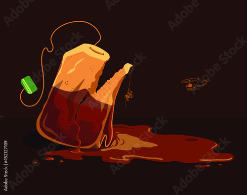 torn black tea bag on brown background with helicopter and climber vector illustration. tea puddle