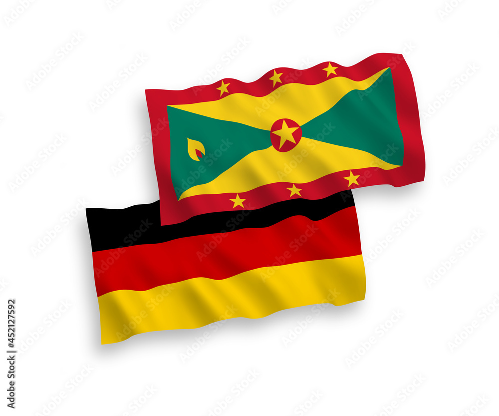 Fototapeta premium National vector fabric wave flags of Germany and Grenada isolated on white background. 1 to 2 proportion.