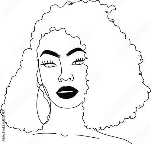Line Art Woman Face Drawing. Black Woman Vector. Afro American Female Logo. Contouring Line. Minimalist Face. Beauty salon