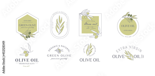 Set of labels, stamps, tags for olive oil, soap, cosmetics, spa salon. Minimal linear style. Vector illustration