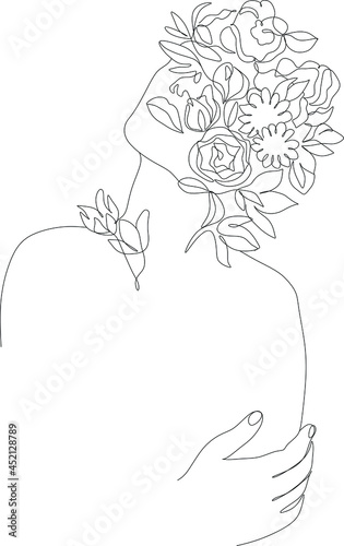 Flower face woman line drawing. Modern continuous line art. Women line art. Beauty salon logo. Coloring book. Botanical print. Nature symbol of cosmetics. Fashion logo.