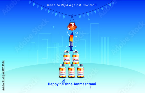 Happy Krishna Janmashtami festival and Team work concept for dahi handi breaking activity with vaccine or mask