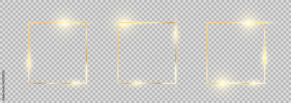 Golden frame. Square gold border set. Gold frames collection with glowing effects. - obrazy, fototapety, plakaty 