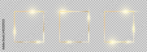 Golden frame. Square gold border set. Gold frames collection with glowing effects.