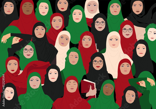 Save Afghanistan. Female faces in hijab. Illustration of Women asking for help to save them and country. 
 photo