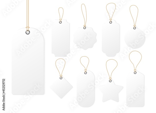White price tag. Blank paper sale label. Gift or luggage sticker tags in different shapes. Vector illustration.