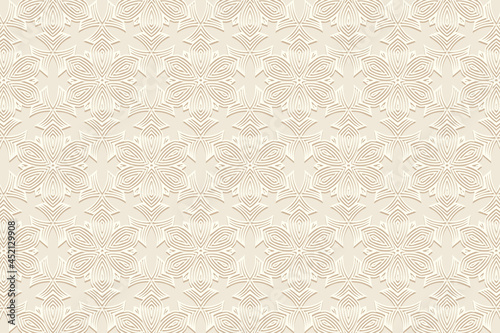 Geometric volumetric convex ethnic 3D pattern. Embossed light beige background in oriental, indonesian, mexican, aztec styles. Abstract texture, vintage ornament.