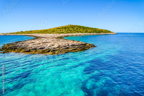 Mediterranean island beach. Vacation travel destination. Scenic view of islands in the sea. Archipelago Kornati, Dalmatia, Croatia, Europe. photo