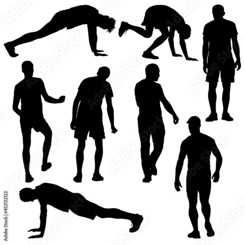 Silhouette people in different poses bent over on a white background