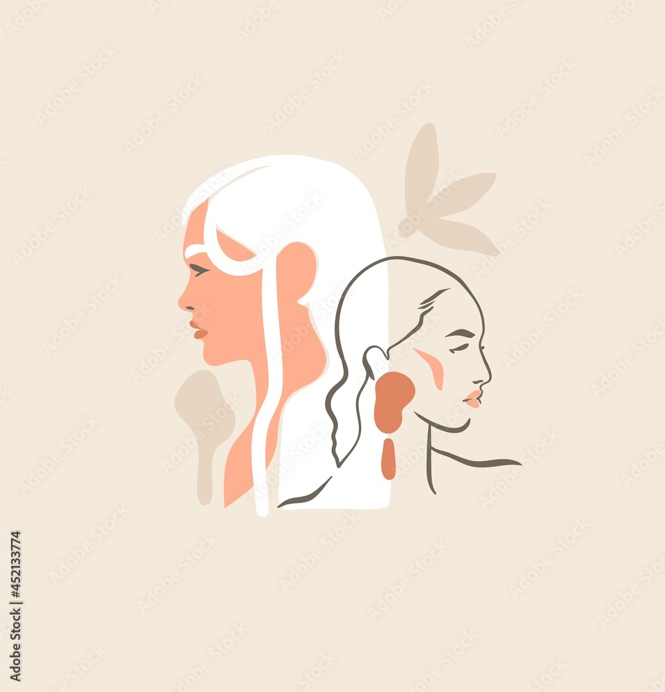 Hand drawn vector abstract stock flat graphic contemporary aesthetic fashion illustration with bohemian,beautiful modern female portrait in simple trendy minimal style isolated on pastel background.