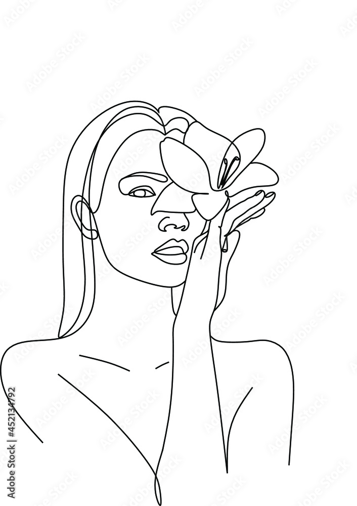 attribut liter brændstof Vecteur Stock Line Drawing. Abstract face with flowers and leaves by one  line drawing. Modern continuous line art. Women line art. Beauty salon  logo. Coloring book. Botanical print. Nature symbol of cosmetics. 
